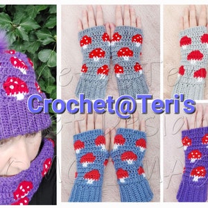 May include: A set of three crocheted winter accessories: a purple hat with a white pom-pom, a matching purple neck warmer, and a pair of fingerless gloves with a mushroom pattern in red, white, and gray. The gloves are shown in three different colors: gray, blue, and purple.