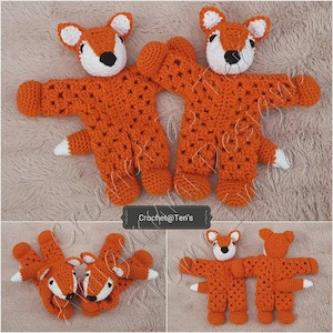 May include: Handmade crochet fox toys in orange, white, and black. The foxes have outstretched arms and legs, with white tips on their paws and ears. The toys are displayed in multiple arrangements, showcasing the details of the crochet work. The text "Crochet@Teri's" is visible.