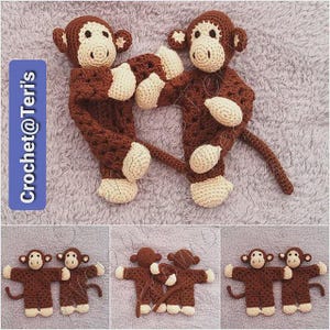 May include: Handmade crochet monkey dolls in shades of brown and cream. The monkeys feature long tails and are displayed in different positions. The image includes the text "Crochet@Teri's" on a blue background.