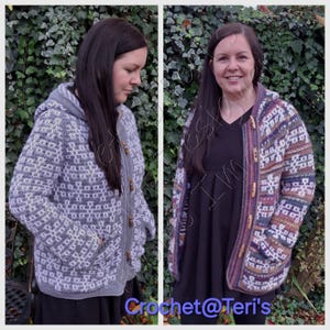 May include: Two images of a hooded crochet jacket. One is grey and white with wooden toggle closures. The other is a colourful mix of purple, brown, and white with wooden toggle closures. Both have pockets and are handmade.