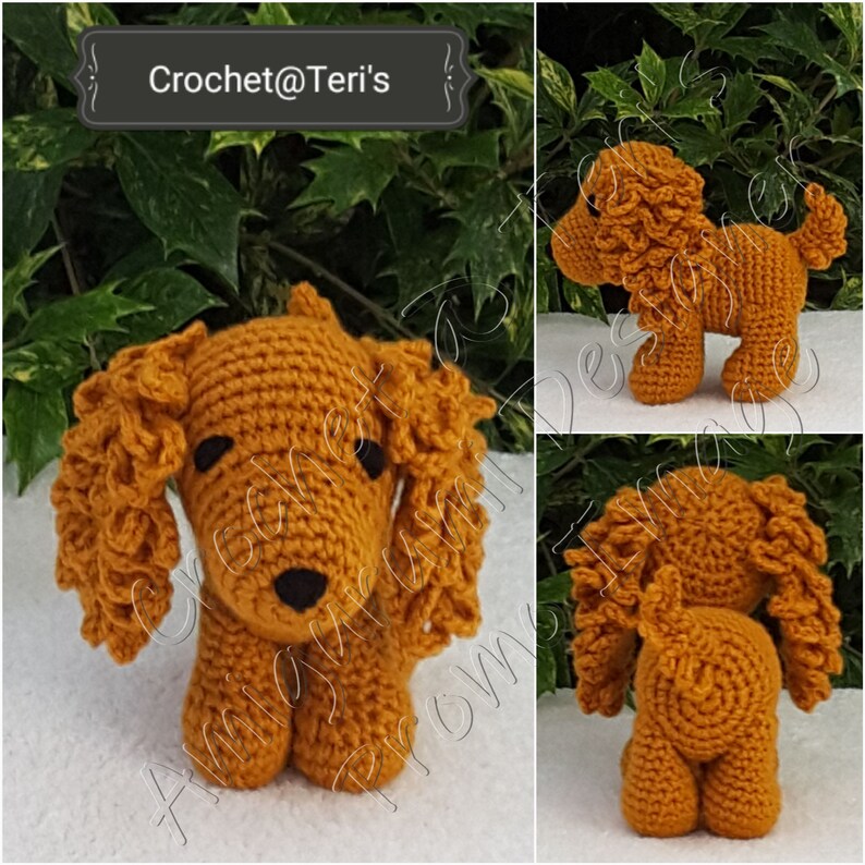 May include: A crocheted brown dog toy with curly fur. The dog is sitting with its legs tucked under its body. The toy is made with a soft yarn and has a cute, friendly expression.