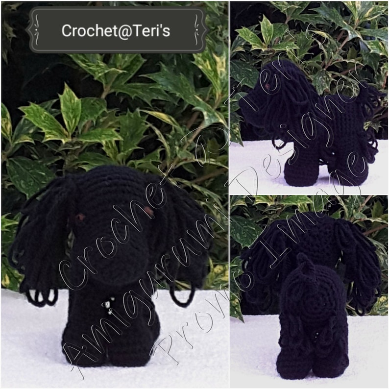 May include: Black crocheted amigurumi dog toy. The dog is sitting with its legs crossed and has a small white bead for a nose. The toy is made with black yarn and has a realistic appearance.