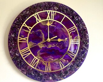 Real Amethyst & Gold Resin Clock | Resin Art Clock | Luxury Wall Clock | Amethyst Clock | Home Décor | Luxury Wall Art