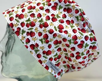 Strawberries and Cream Design Surgical Theatre Scrub Hat Cap: Cotton. Handmade in UK