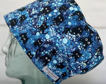 Bonnet chirurgical à imprimé chat effrayant. Coton. Fait main au Royaume-Uni