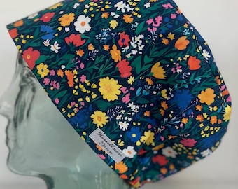 Flower Power Design Surgical Theatre Scrub Hat Cap: Cotton Handmade in UK