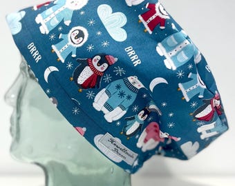 Frosty Friends Design Surgical Theatre Scrub Hat Cap: Cotton Handmade in UK