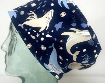 Whales Design Surgical Theatre Scrub Hat Cap: Cotton Handmade in UK