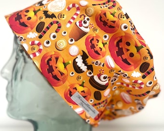 Halloween Trick or Treat Design Surgical Theatre Scrub Hat Cap: Cotton Handmade in UK