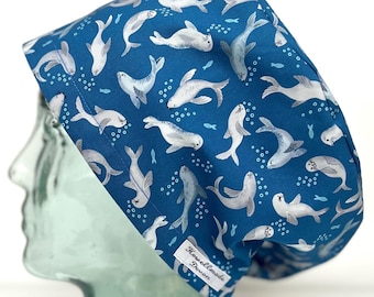 Cornish Seals Design Surgical Theatre Scrub Hat Cap: Cotton Handmade in UK
