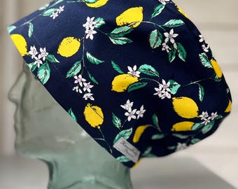 Lemon Tree Print Surgical Scrub Hat Cap. Cotton. Handmade in UK
