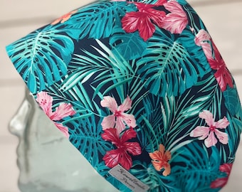 Jungle Flowers Design Surgical scrub hat, cotton, handmade