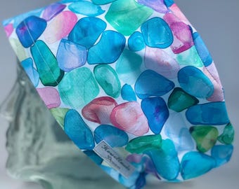 Turquoise Sea Glass Design Surgical Theatre Scrub Hat Cap: Cotton Handmade in UK