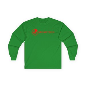 May include: A long-sleeved green shirt with the red text "MICROTECH" and a red graphic. The shirt is made of a soft material and has a crew neck. The sleeves are long and end at the wrists.
