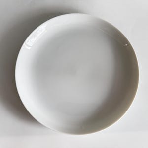 May include: A white, circular ceramic plate with a gently sloping rim. The plate has a smooth, shiny surface, suitable for serving food. The plate is a neutral colour and can be used for various dining occasions.