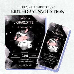Convite editável faça você mesmo para festa de aniversário, cartão de 5 x 7 polegadas e convite em vídeo com música de aniversário animada, aniversário de menina vaca