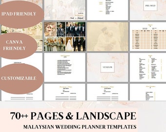 Landscape A4 Binder Canva Template Post Engagement Gift Wedding Planner Aesthetic with Hyperlink Pink Marble Malaysian Couple Personalized