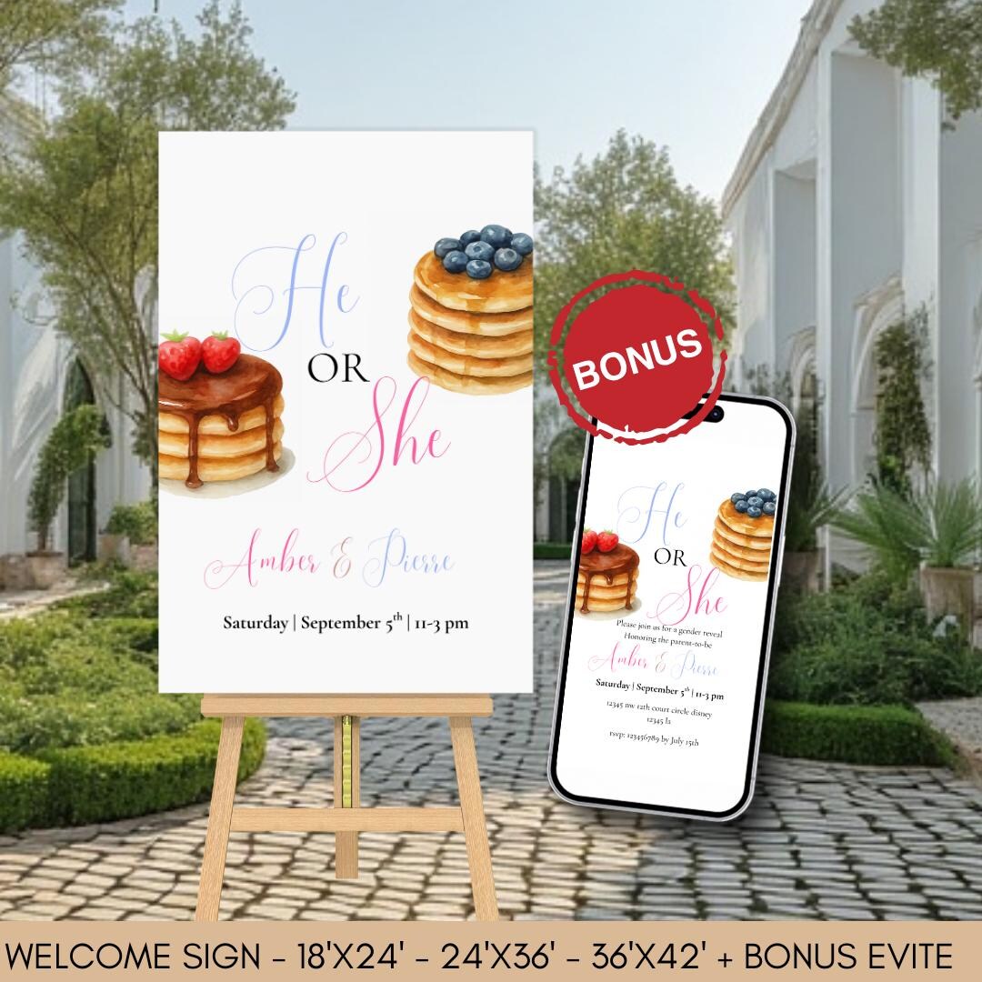 Pancake Gender Reveal Welcome Sign: Editable Brunch Theme Baby ...
