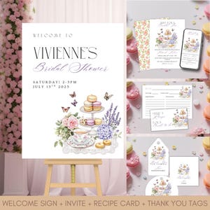 Invitación vintage para fiesta de té, letrero de bienvenida para despedida de soltera, invitación en tonos pastel, invitación morada, juego de 4 para fiesta nupcial + etiqueta de agradecimiento, té + tarjeta con receta.