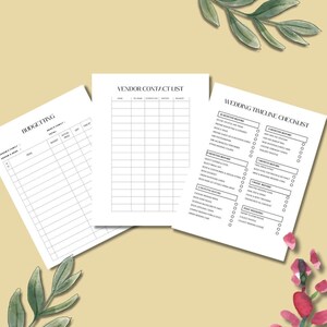 May include: Three printable wedding planning checklists: Budgeting, Vendor Contact List, and Wedding Timeline Checklist. Each checklist is a white sheet of paper with black text and checkboxes.