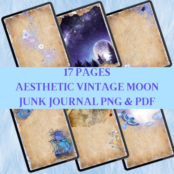 17 Pages PNG PDF Aesthetic Blue Purple Moon Star Vintage Junk Journal Digital Print Shabby Chic Collage Binder Planner Cosmic Gift Student