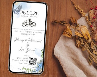 Evite Muslim Wedding Ceremony Walimah Akad Invitation Electronic Clean Modest Video Fit in Iphone Samsung Galaxy Android Card Dusty Blue S24