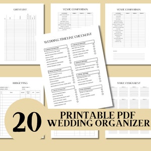 Könnte beinhalten: Ein druckbarer PDF-Hochzeitsplaner mit einer Checkliste, einem Budget-Tracker, einer Gästeliste, einem Vergleich der Veranstaltungsorte, einer Tischzuweisung und einem Zeitplan. Der Planer soll Paaren bei der Planung ihrer Hochzeit helfen.