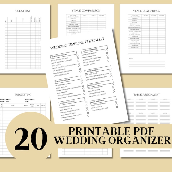 Printable Wedding Checklist, Wedding Tracker, Wedding for Binder Booklet Black and White, Wedding Organizer with Wedding Timeline Sheet A4