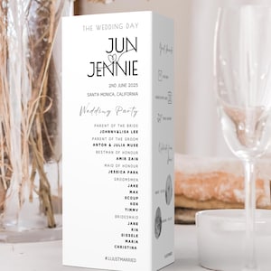 May include: A white wedding sign with black text. The sign says "The Wedding Day Jun ♡ Jennie 2nd June 2025 Santa Monica, California Wedding Party Parent of the Bride Johnny&Lisa Lee Parent of the Groom Anton & Julia Muse Bestman of Honour Amir Zain Maid of Honour Jessica Park Groomsmen Jake Max Scoup Ken Timmy Bridesmaid Jane Rin Gissele Maria Christina #JJJUSTMARRIED"