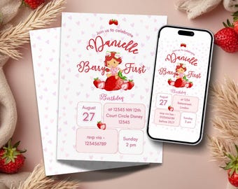 Editable Strawberry First Birthday Invite for a Lovely Sweet Birthday Party, Card Invitation with Background and Animated Invitation + BGM
