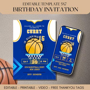 Editierbare Basketball Einladung für Geburtstagsparty, animiertes Video + druckbare Karte in 5 x 7 Zoll, Jersey Basketball Player Party, Digital MP4