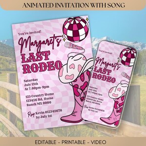 EDITIERBAR Her Last Rodeo Invite Disco Bachelorette Lädt Cowgirl-Karte Telefon Animierte Canva Einladung Hot Pink Western Party E-vite Yee-Haw ein