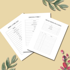May include: Three printable checklists for wedding planning. The first checklist is titled "Bride Attire List" and includes items like reception outfit, wedding ceremony dress, veil & headpiece, shoes, jewelry, makeup & hair, and more. The second checklist is titled "Groom Attire" and includes items like reception suit, wedding ceremony for, watches, shoes, dress, jewelry, and more. The third checklist is titled "Honeymoon Planning" and includes columns for "To Do", "Date", "Time", and "Notes".