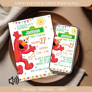 Invito mobile a tema mostro rosso con pastelli a cera modificabile + invito video stampabile per festa di compleanno neutra, semplice mostro colorato con pastelli a cera per bambini