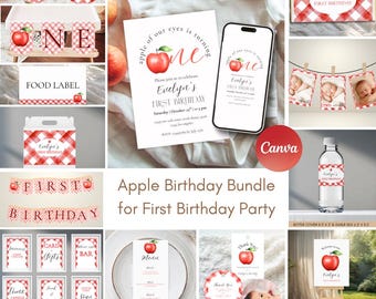 May include: An apple-themed first birthday party bundle featuring invitations, banners, food labels, and decorations. The designs include red apples and gingham patterns. The bundle includes a bottle cover, gable box, and thank you tags.