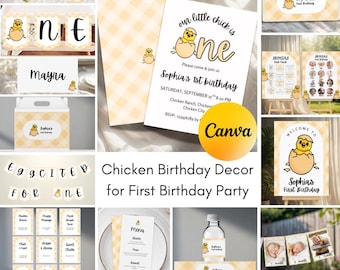 Huhn 1. Geburtstag Dekoration Bearbeitbar Geburtstag Huhn Bundle Set DIY Kleines Küken ist Eine Party Stationäre Set Gelbes Thema Kleinkind Ch1