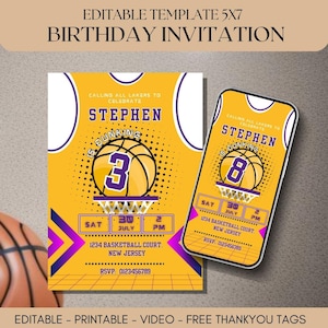 Faire-part d'anniversaire de basket-ball modifiable pour une fête de joueur de basket-ball, fans des Lakers, fête de basket-ball pour enfants en carte 5 x 7 pouces + vidéo + son
