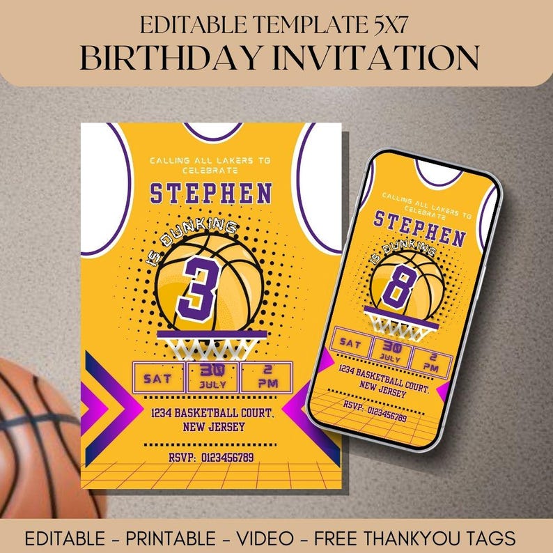 Lakers Birthday Party Invitation – Editable Template (Corjl Design) main image 1