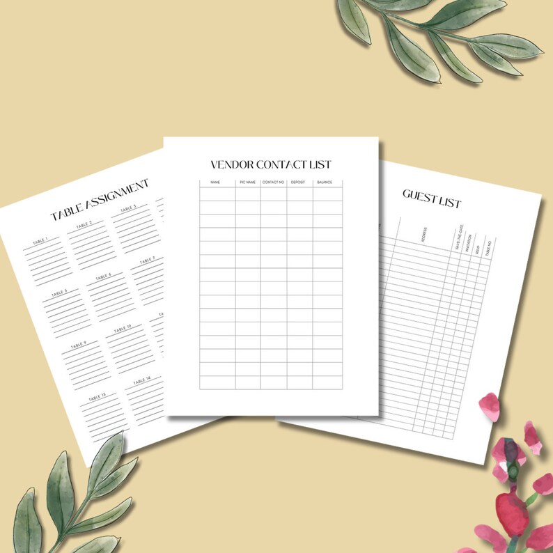May include: Three printable checklists for wedding planning: Table Assignment, Vendor Contact List, and Guest List. Each checklist has a simple, clean design with black text on white paper.