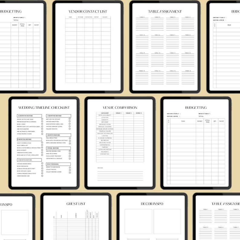 May include: A set of printable wedding planning checklists and worksheets. The checklists include budgeting, vendor contact list, table assignment, wedding timeline, venue comparison, guest list, decor inspiration, and more.
