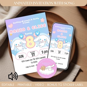 Convite de aniversário de gêmeos Modelo de cachorrinho branco fofo para festa de filha adorável Tema Coelho Cachorrinho Japonês Kawaii Anime Animal de estimação Vídeo editável + Sg