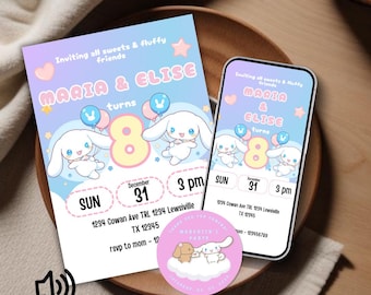 Twin Birthday Invitation Cute White Puppy Template for Lovely Daughter Party Theme Bunny Puppy Japanese Kawaii Anime Pet Editable Video + Sg
