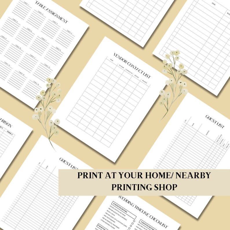 May include: Printable wedding planning checklist and forms. Includes a table assignment sheet, vendor contact list, guest list, and wedding timeline checklist.  Print at home or at a nearby printing shop.