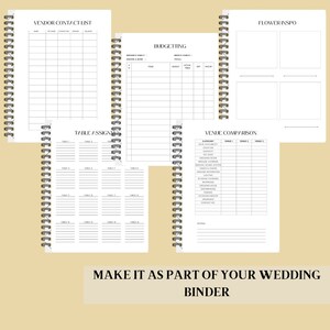 May include: A wedding planning binder with pages for vendor contact list, table assignments, budgeting, venue comparison, and flower inspiration.