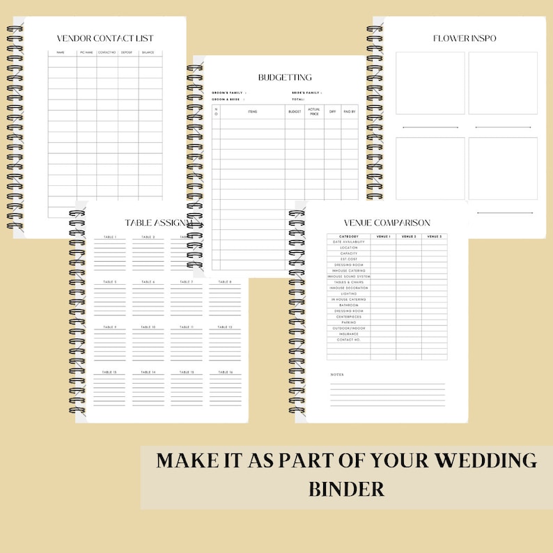 May include: A wedding planning binder with pages for vendor contact list, table assignments, budgeting, venue comparison, and flower inspiration.