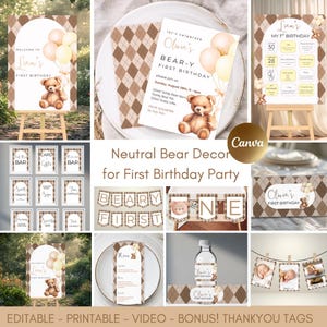 Bear-y 1st Birthday Bundle Decor for Fall 1st Birthday Winter Neutral Birthday Decoration Pastel Brown Neutral Gender Birthday Editable Bear
