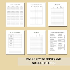 May include: Printable wedding planning checklist and worksheets. Includes a table assignment sheet, vendor contact list, guest list, venue comparison chart, and wedding timeline checklist.  PDF ready to print and no need to edit.