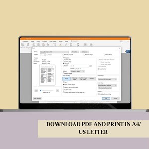 May include: A screenshot of a computer screen showing a print dialog box with options for printing a PDF document. The dialog box includes options for print range, scale, paper size, and orientation. The text "Download PDF and Print in A4/US Letter" is displayed below the screenshot.