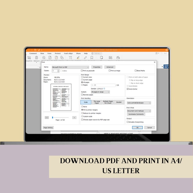 May include: A screenshot of a computer screen showing a print dialog box with options for printing a PDF document. The dialog box includes options for print range, scale, paper size, and orientation. The text "Download PDF and Print in A4/US Letter" is displayed below the screenshot.