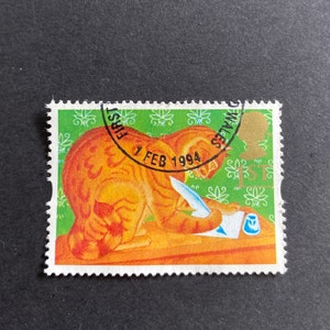 Sellos postales antiguos de 1994 con mensajes de saludos, Orlando, el gato de mermelada, sello de la Reina Isabel II, diario basura, sellos postales de gatos, filatelia